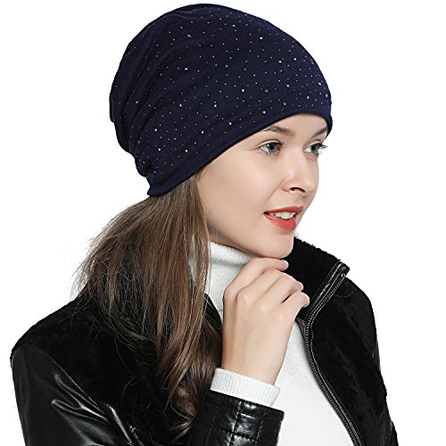 DonDon Damen Mütze Wintermütze Slouch Beanie Silberne Pailletten Nieten dunkelblau von DonDon