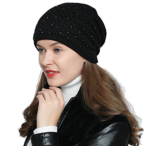 DonDon Damen Mütze Wintermütze Slouch Beanie Silberne Pailletten Nieten schwarz von DonDon