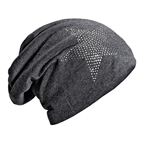 DonDon Mütze Damen Wintermütze Slouch Beanie gefüttert mit Strass Stern grau von DonDon