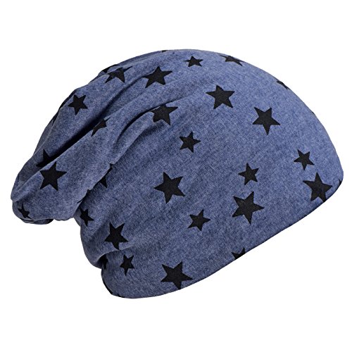 DonDon Mütze Damen Wintermütze Slouch Beanie gefüttert mit Stern Print blau von DonDon