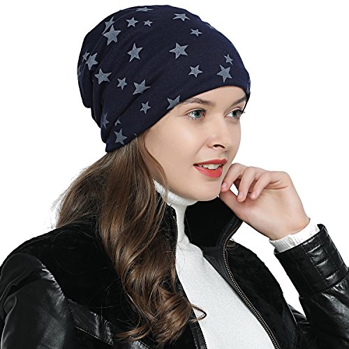 DonDon Mütze Damen Wintermütze Slouch Beanie gefüttert mit Stern Print dunkelblau von DonDon