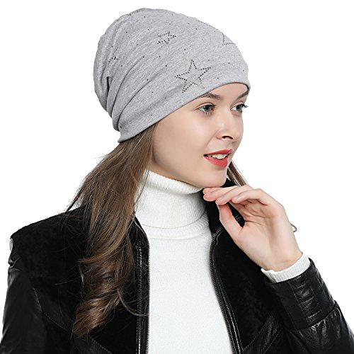 DonDon Mütze Damen Wintermütze Slouch Beanie gefüttert mit Stern Glitzersteinen - hellgrau von DonDon