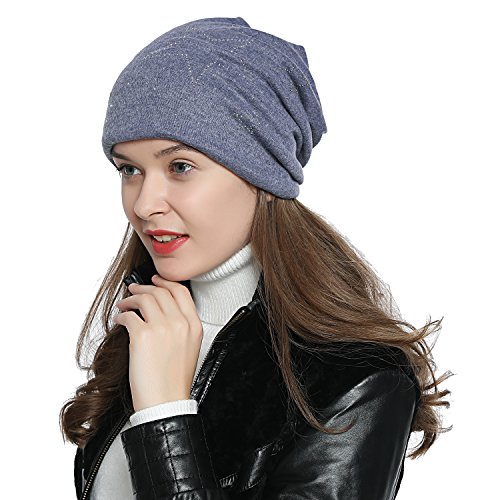 DonDon Mütze Damen Wintermütze Slouch Beanie gefüttert mit Stern Glitzersteinen - blau von DonDon