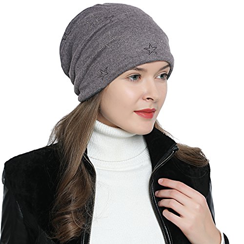 DonDon Mütze Damen Wintermütze Slouch Beanie gefüttert mit Stern Glitzersteinen schwarz Silber - grau von DonDon