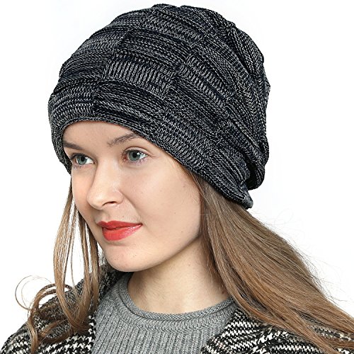 DonDon Mütze Damen Wintermütze Slouch Beanie Strickmütze mit warmen Fleece Innenfutter Nachtblau weiß von DonDon