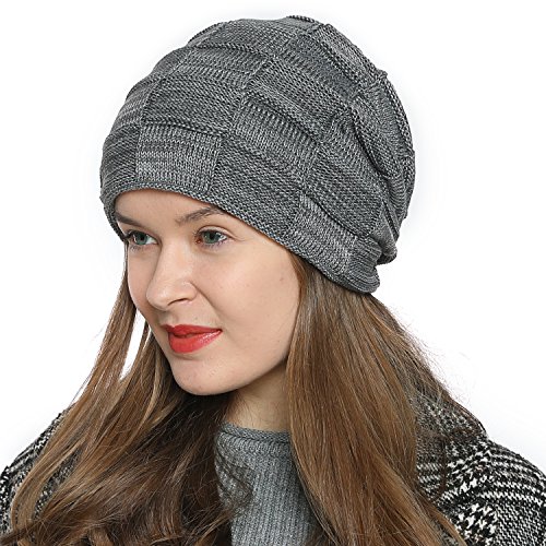 DonDon Mütze Damen Wintermütze Slouch Beanie Strickmütze mit warmen Fleece Innenfutter grau weiß von DonDon