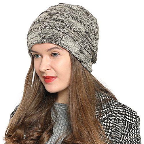 DonDon Mütze Damen Wintermütze Slouch Beanie Strickmütze mit warmen Fleece Innenfutter beige schwarz von DonDon