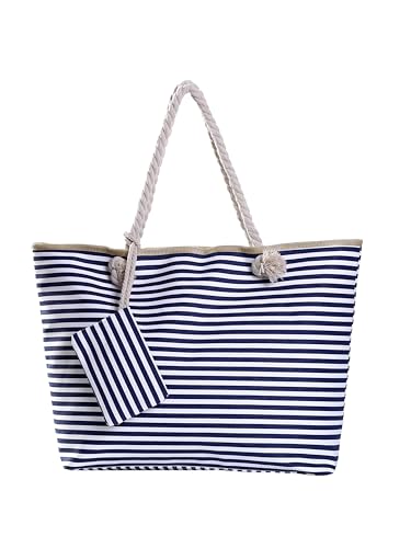DonDon Strandtasche mit Reißverschluss, Große Strandtasche XXL, Shopper Tasche Damen - Praktische Beach bag Umhängetasche Damen Badetasche für Strand und Meer - gestreift dunkelblau weiß von DonDon