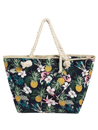 DonDon Strandtasche mit Reißverschluss, Große Strandtasche XXL, Shopper Tasche Damen - Praktische Beach bag Umhängetasche Damen Badetasche für Strand und Meer - Blumen und Ananas von DonDon