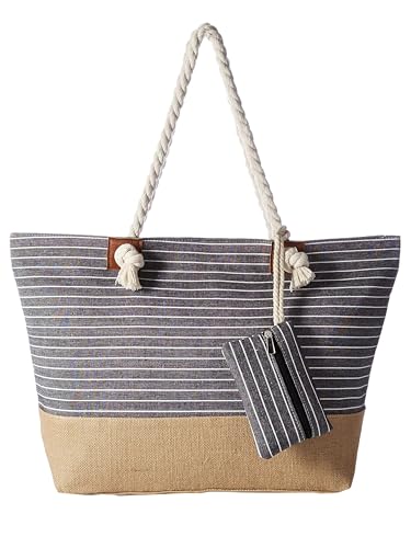 DonDon Strandtasche mit Reißverschluss, Große Strandtasche XXL, Shopper Tasche Damen - Praktische Beach bag Umhängetasche Damen Badetasche für Strand und Meer - Gestreift schwarz von DonDon