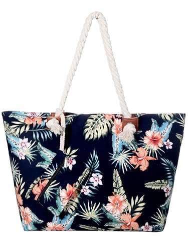 DonDon Strandtasche mit Reißverschluss, Große Strandtasche XXL, Shopper Tasche Damen - Praktische Beach bag Umhängetasche Damen Badetasche für Strand und Meer - Hawaiian Flower von DonDon
