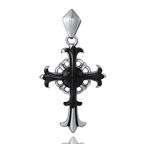 DonDon Herren Anhänger Kreuz zweifarbig aus Edelstahl mit schwarzem Stein verpackt in einem schwarzen Samtbeutel von DonDon