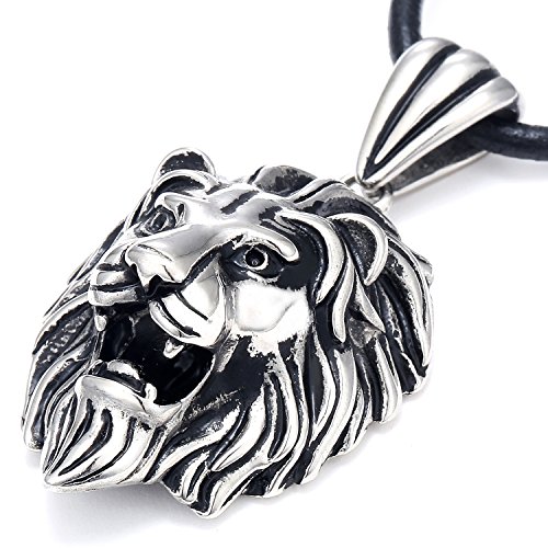 DonDon Herren Halskette Leder und Löwen Anhänger Edelstahl im Schmuckbeutel von DonDon
