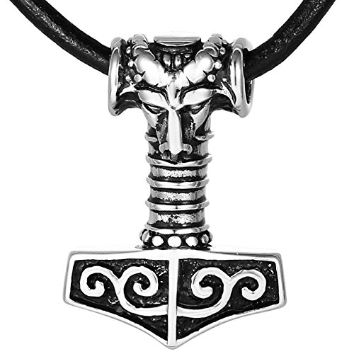 DonDon Herren Halskette Leder und Thor Hammer Edelstahl mit Schmuckbeutel von DonDon