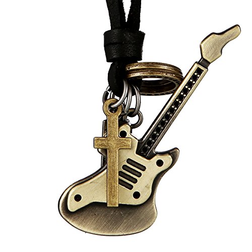 DonDon Herren Halskette aus Leder schwarz mit messingfarbenen E-Gitarren-Anhänger und Samtbeutel von DonDon