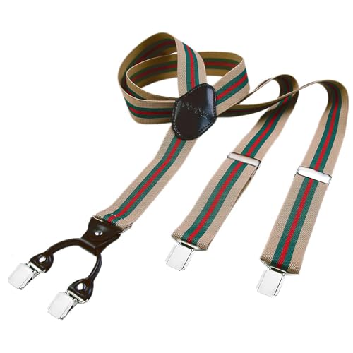 DonDon Hosenträger Herren extra stark getreift beige 3,5 cm Hosenträger Herren breit mit brauem Leder in Y-Form lang - Starke Clips passend für Anzug Jeans Chinos Vintage Rockabilly Suspenders DonDon Hosenträger Herren extra stark getreift beige 3,5 cm Hosenträger Herren breit mit brauem Leder in Y-Form lang - Starke Clips passend für Anzug Jeans Chinos Vintage Rockabilly Suspenders von DonDon