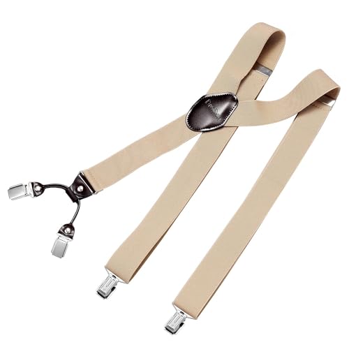 DonDon Hosenträger Herren extra stark 3,5 cm breit mit 4 Hosenträger Clips in Y-Form und braunem Leder Patch, Beige von DonDon