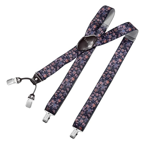 DonDon Hosenträger Herren extra stark 3,5 cm breit mit 4 Hosenträger Clips in Y-Form und braunem Leder Patch, Blumen von DonDon