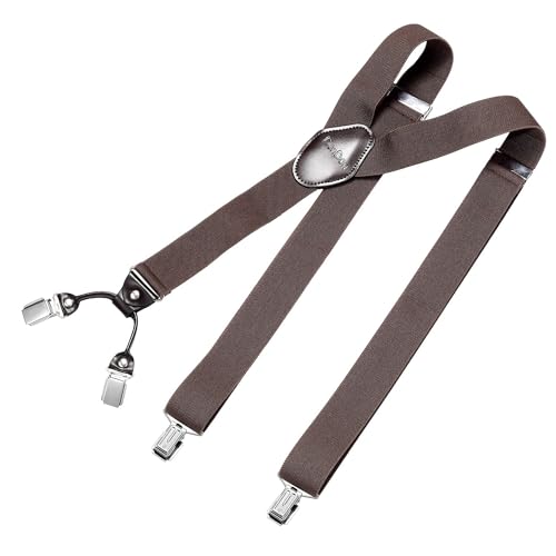 DonDon Hosenträger Herren extra stark 3,5 cm breit mit 4 Hosenträger Clips in Y-Form und braunem Leder Patch, Dunkelbraun von DonDon