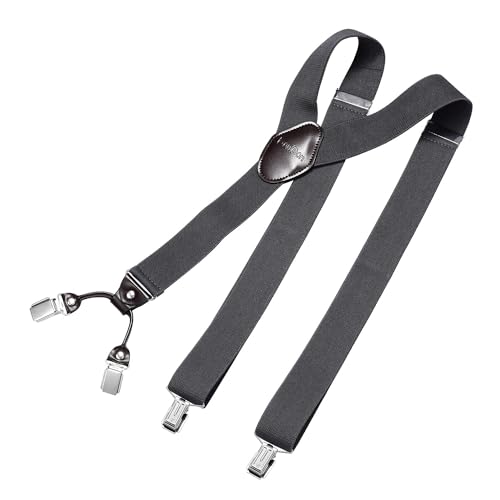 DonDon Hosenträger Herren extra stark 3,5 cm breit mit 4 Hosenträger Clips in Y-Form und braunem Leder Patch, Dunkelgrau von DonDon