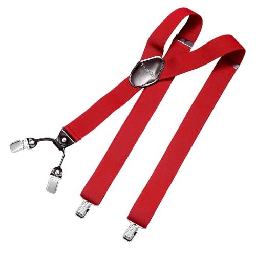 DonDon Hosenträger Herren extra stark dunkelrot 3,5 cm Hosenträger Herren breit mit brauem Leder in Y-Form lang - Starke Clips passend für Anzug Jeans Chinos Vintage Rockabilly Suspenders von DonDon