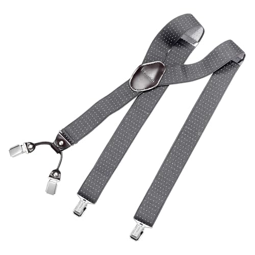 DonDon Hosenträger Herren extra stark 3,5 cm breit mit 4 Hosenträger Clips in Y-Form und braunem Leder Patch, Gepunktet-Grau Weiß von DonDon