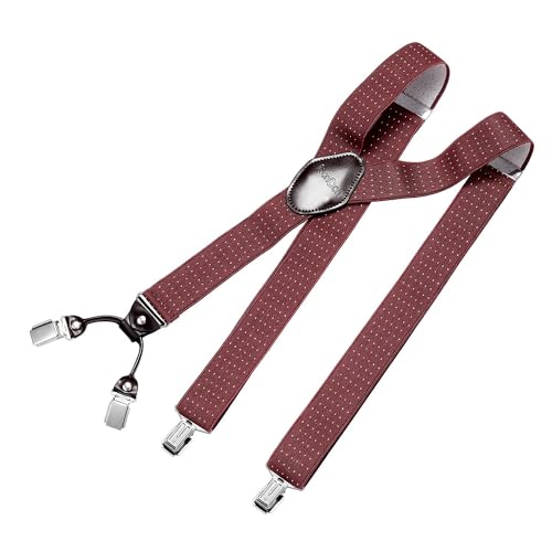 DonDon Hosenträger Herren extra stark 3,5 cm breit mit 4 Hosenträger Clips in Y-Form und braunem Leder Patch, Gepunktet-Rot Weiß von DonDon