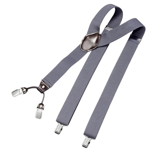 DonDon Hosenträger Herren extra stark grau-blau 3,5 cm Hosenträger Herren breit mit brauem Leder in Y-Form lang - Starke Clips passend für Anzug Jeans Chinos Vintage Rockabilly Suspenders von DonDon