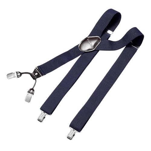 DonDon Hosenträger Herren extra stark navy-blau 3,5 cm Hosenträger Herren breit mit brauem Leder in Y-Form lang - Starke Clips passend für Anzug Jeans Chinos Vintage Rockabilly Suspenders von DonDon