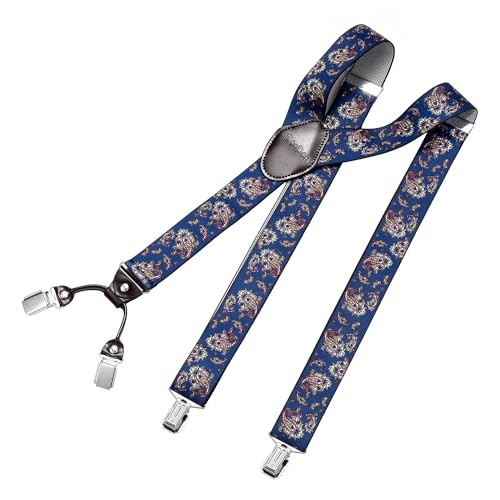 DonDon Hosenträger Herren extra stark 3,5 cm breit mit 4 Hosenträger Clips in Y-Form und braunem Leder Patch, Paisley Blau von DonDon