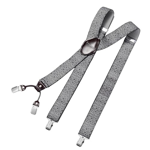 DonDon Hosenträger Herren extra stark 3,5 cm breit mit 4 Hosenträger Clips in Y-Form und braunem Leder Patch, Paisley Grau von DonDon