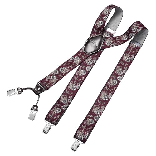 DonDon Hosenträger Herren extra stark 3,5 cm breit mit 4 Hosenträger Clips in Y-Form und braunem Leder Patch, Paisley Rot von DonDon