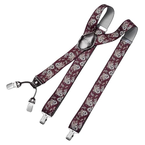 DonDon Hosenträger Herren extra stark Paisley rot 3,5 cm Hosenträger Herren breit mit brauem Leder in Y-Form lang - Starke Clips passend für Anzug Jeans Chinos Vintage Rockabilly Suspenders von DonDon