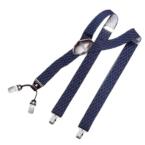 DonDon Hosenträger Herren extra stark Raute blau 3,5 cm Hosenträger Herren breit mit brauem Leder in Y-Form lang - Starke Clips passend für Anzug Jeans Chinos Vintage Rockabilly Suspenders von DonDon