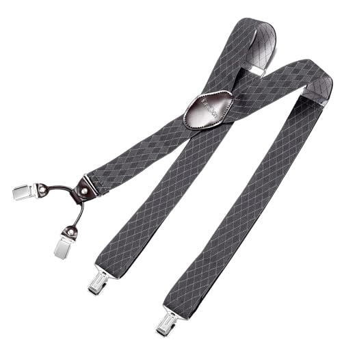 DonDon Hosenträger Herren extra stark 3,5 cm breit mit 4 Hosenträger Clips in Y-Form und braunem Leder Patch, Raute Grau von DonDon