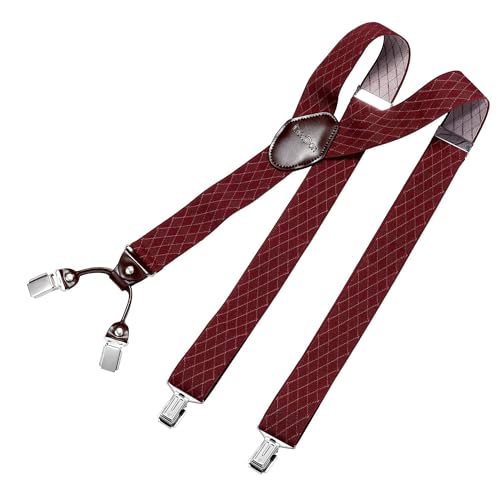 DonDon Hosenträger Herren extra stark 3,5 cm breit mit 4 Hosenträger Clips in Y-Form und braunem Leder Patch, Raute Rot von DonDon