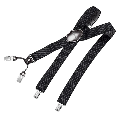 DonDon Hosenträger Herren extra stark Raute schwarz 3,5 cm Hosenträger Herren breit mit brauem Leder in Y-Form lang - Starke Clips passend für Anzug Jeans Chinos Vintage Rockabilly Suspenders von DonDon