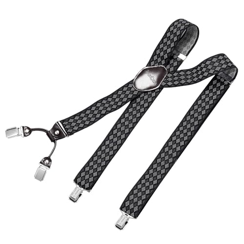 DonDon Hosenträger Herren extra stark Rauten 3,5 cm Hosenträger Herren breit mit brauem Leder in Y-Form lang - Starke Clips passend für Anzug Jeans Chinos Vintage Rockabilly Suspenders von DonDon