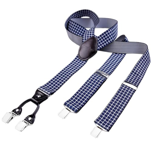 DonDon Hosenträger Herren extra stark gemustert blau weiß 3,5 cm Hosenträger Herren breit mit brauem Leder in Y-Form lang - Starke Clips passend für Anzug Jeans Chinos Vintage Rockabilly Suspenders von DonDon