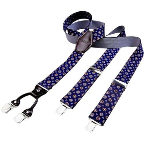 DonDon Hosenträger Herren extra stark dunkelblau 3,5 cm Hosenträger Herren breit mit brauem Leder in Y-Form lang - Starke Clips passend für Anzug Jeans Chinos Vintage Rockabilly Suspenders von DonDon