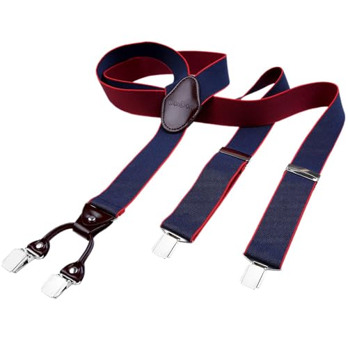 DonDon Hosenträger Herren extra stark dunkelblau 3,5 cm Hosenträger Herren breit mit brauem Leder in Y-Form lang - Starke Clips passend für Anzug Jeans Chinos Vintage Rockabilly Suspenders von DonDon