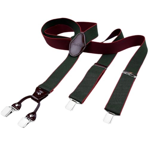 DonDon Hosenträger Herren extra stark dunkelgrün 3,5 cm Hosenträger Herren breit mit brauem Leder in Y-Form lang - Starke Clips passend für Anzug Jeans Chinos Vintage Rockabilly Suspenders von DonDon