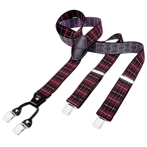 DonDon Hosenträger Herren extra stark mit Karos 3,5 cm Hosenträger Herren breit mit brauem Leder in Y-Form lang - Starke Clips passend für Anzug Jeans Chinos Vintage Rockabilly Suspenders von DonDon