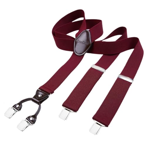 DonDon Hosenträger Herren extra stark 3,5 cm breit mit 4 Hosenträger Clips in Y-Form und braunem Leder Patch, bordeaux von DonDon