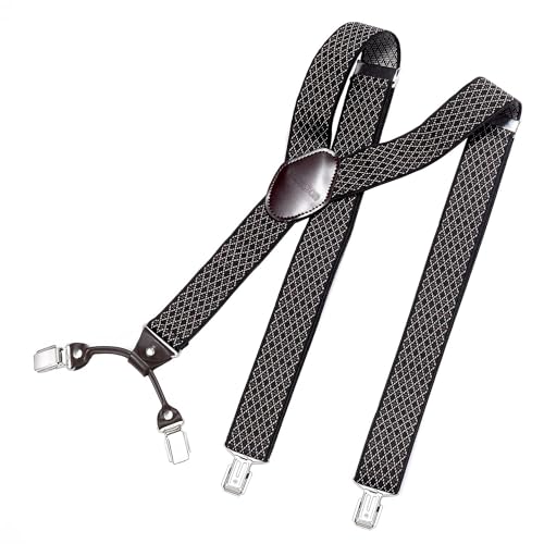 DonDon Hosenträger Herren extra stark kariert schwarz-braun 3,5 cm Hosenträger Herren breit mit brauem Leder in Y-Form lang - Starke Clips passend für Anzug Jeans Chinos Vintage Rockabilly Suspenders von DonDon