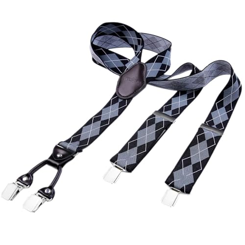 DonDon Hosenträger Herren extra stark mit Karos schwarz grau 3,5 cm Hosenträger Herren breit mit brauem Leder in Y-Form lang - Starke Clips passend für Anzug Jeans Chinos Vintage Rockabilly Suspenders von DonDon