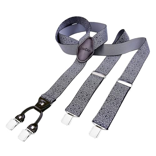 DonDon Hosenträger Herren extra stark gemustert schwarz weiß 3,5 cm Hosenträger Herren breit mit brauem Leder in Y-Form lang - Starke Clips passend für Anzug Jeans Chinos Vintage Rockabilly Suspenders von DonDon