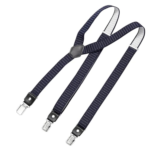 DonDon Hosenträger Herren gepunktet dunkelblau weiß schmal 2,5 cm - Extra starke Clips für Anzug - Hosenträger Herren extra stark - Ideal für Männer oder Damen Rockabilly Suspenders von DonDon
