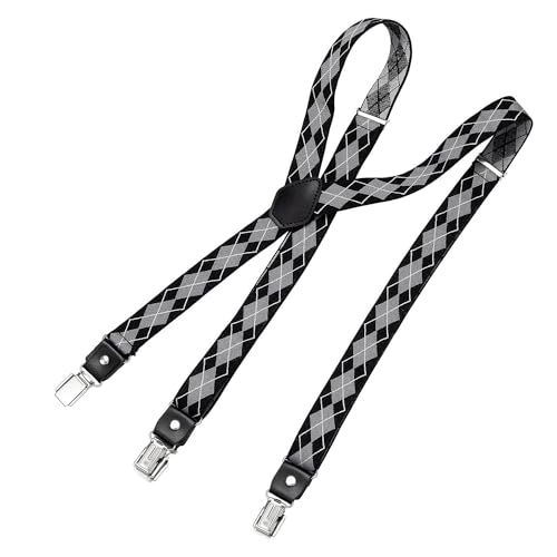 DonDon Hosenträger Herren kariert schwarz grau weiß schmal 2,5 cm - Extra starke Clips für Anzug - Hosenträger Herren extra stark - Ideal für Männer oder Damen Rockabilly Suspenders von DonDon