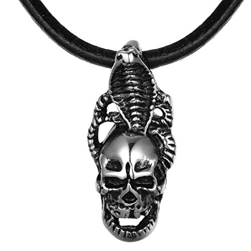 DonDon Herren Leder Halskette 50 cm Kobra-Totenkopf Anhänger Edelstahl im Schmuckbeutel von DonDon